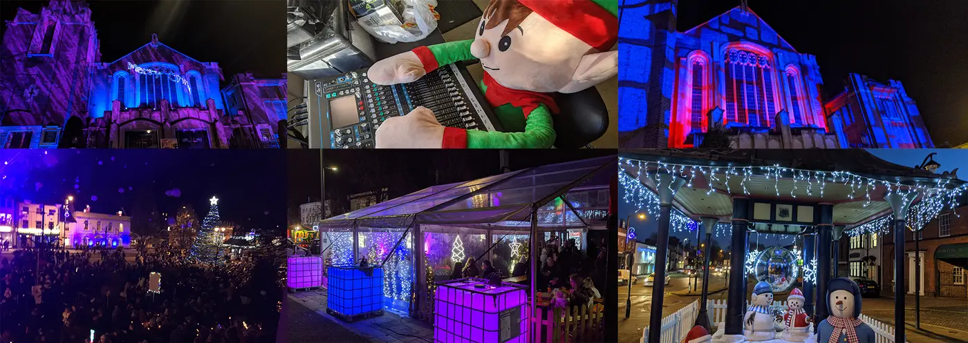 Dunstable Torchlight: illuminated buildings and a festive night-time crowd