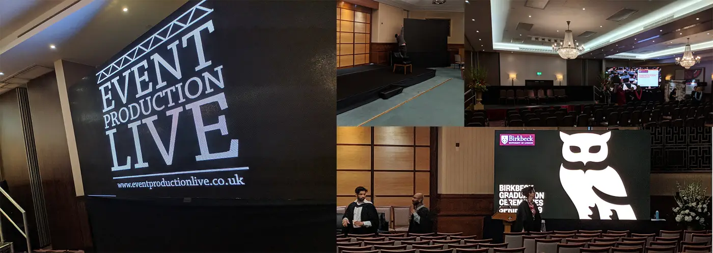 University of London graduation: stage with LED video wall and branding
